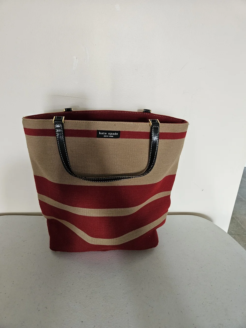 kate spade Red and Tan Striped Canvas Tote with Black Handles